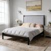 Christopher Knight Home Elize Queen Size Wood Platform Bed Frame with Fluffy Soft Upholstered Headboard, Wood Bed Support and Slat, Fully Mattress Foundation, No Box Spring Needed, Black+Gray(Queen)