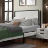 Christopher Knight Home Solis Queen Size Platform Bed Frame with Upholstered Headboard, Metal Bed Frame and Wood Slat, Fully Mattress Foundation, Elegant Design, No Box Spring Needed, White+Black
