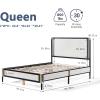 Christopher Knight Home Solis Queen Size Platform Bed Frame with Upholstered Headboard, Metal Bed Frame and Wood Slat, Fully Mattress Foundation, Elegant Design, No Box Spring Needed, White+Black