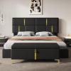 GDFStudio Gomar 2-Piece Bedroom Sets, Queen Size Storage Bed Frame with Hydraulic Lift & Ottoman Bench, Velvet Upholstered Platform Bed, Soft Fabric Headboard, No Spring Box Needed, Gold Decor, Beige(Black)