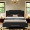 Christopher Knight Home Queen Upholstered Bed Frame, 45.25″ High Headboard with Bed Frame, PU Leather Platform Bed with Footboard, Wooden Slats Support No Box Spring Needed Easy Assembly, Grey(Black Queen Size)