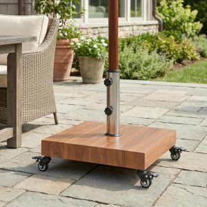 Christopher Knight Home Barri Patio Umbrella Base with Wheels, Square Outdoor Umbrella Stand, Metal Umbrella Holder with Stainless Steel Tube, Natural Brown