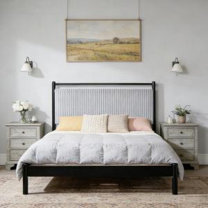 Christopher Knight Home Elize Queen Size Wood Platform Bed Frame with Fluffy Soft Upholstered Headboard, Wood Bed Support and Slat, Fully Mattress Foundation, No Box Spring Needed, Black+Gray(Queen)