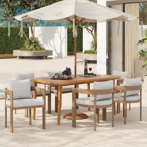 Christopher Knight Home Elko Acacia Wood Outdoor Dining Set for 6, Wooden 7 Piece Patio Dining Table Set, Outdoor Metal Dining Chair and Table Set with Cushion, Patio Furniture Set, Teak+Light Gray(Teak+light Gray)