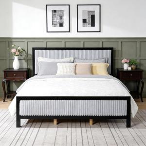 Christopher Knight Home Galt King Size Wood Platform Bed Frame, Fluffy Soft Upholstered Headboard and Footboard, Wood Bed Support and Slat, Fully Mattress Foundation, No Box Spring Needed, Black+Gray(King)