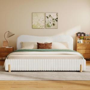 Christopher Knight Home Loeeta King Size Platform Bed, Sleek Boucle Upholstered Bed Frame with Wavy Headboard and Vertical Stitching, Wooden Slats, No Box Spring Needed, Easy Assembly, White(King)