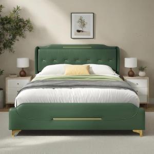 Christopher Knight Home Queen Upholstered Bed Frame, 45.25″ High Headboard with Bed Frame, PU Leather Platform Bed with Footboard, Wooden Slats Support No Box Spring Needed Easy Assembly, Grey(Green Queen Size)