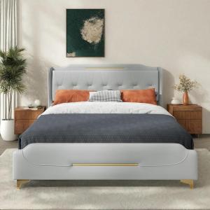 Christopher Knight Home Queen Upholstered Bed Frame, 45.25″ High Headboard with Bed Frame, PU Leather Platform Bed with Footboard, Wooden Slats Support No Box Spring Needed Easy Assembly, Grey(Grey King Size)