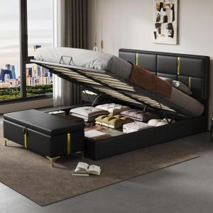 GDFStudio Gomar 2-Piece Bedroom Sets, Queen Size Storage Bed Frame with Hydraulic Lift & Ottoman Bench, Velvet Upholstered Platform Bed, Soft Fabric Headboard, No Spring Box Needed, Gold Decor, Beige(Black)