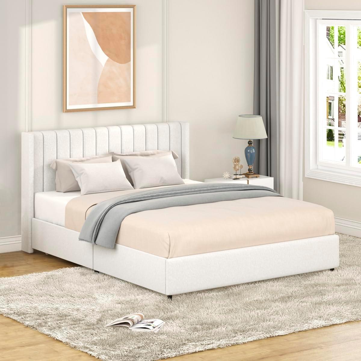 image:imageChristopher Knight Home Anda Upholstered Bed with Storage Queen Size Platform Bed Frame with 4 Drawers Tufted Headboard Wooden Slat Mattress Support No Box Spring Needed Ivory BoucleIvory queen 2 Drawers tufted