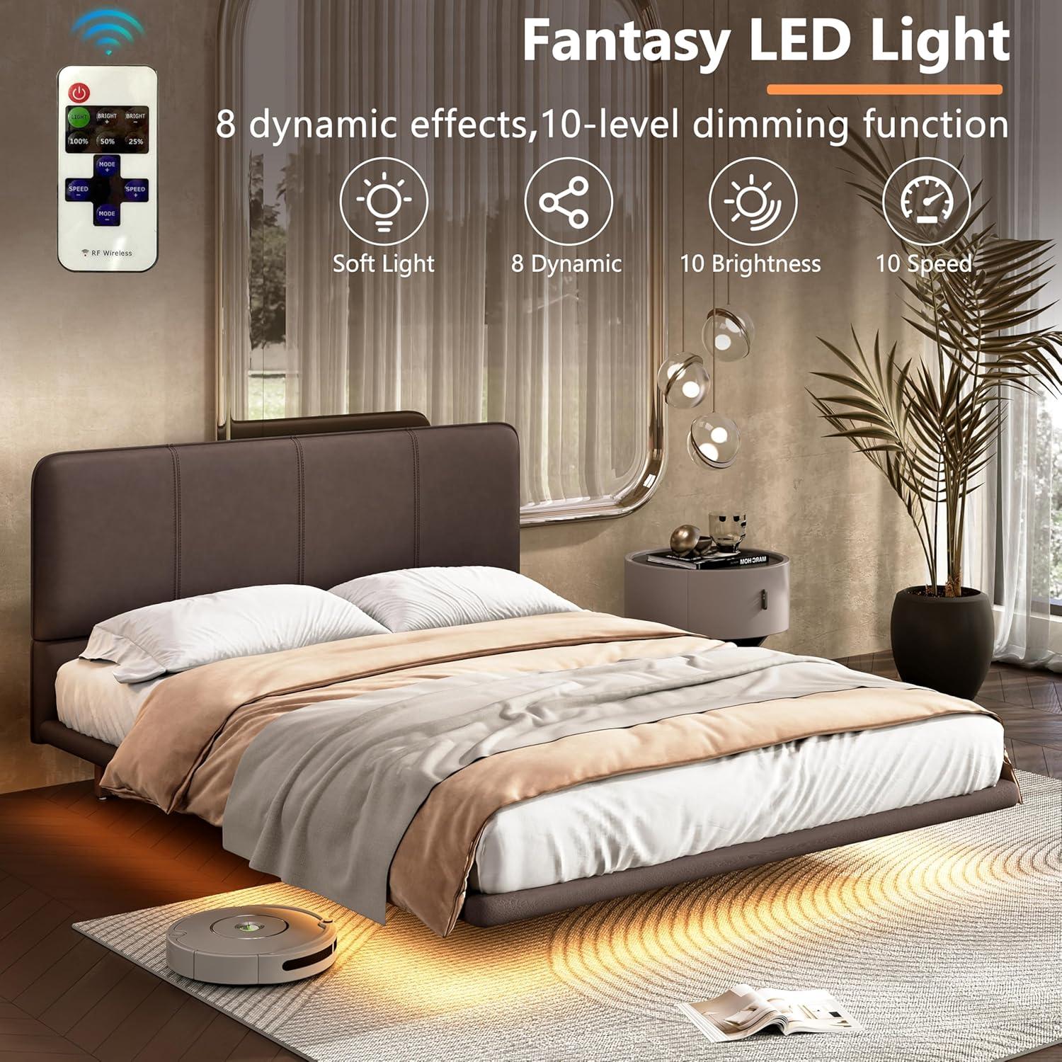 image:imageChristopher Knight Home Queen Size Floating Bedframe Upholstered Bed Frame with Headboard Faux Leather Platform Bed Modern Design with LED Lighting Easy Assembly No Boxing Spring Needed CoffeeCoffee Full Size
