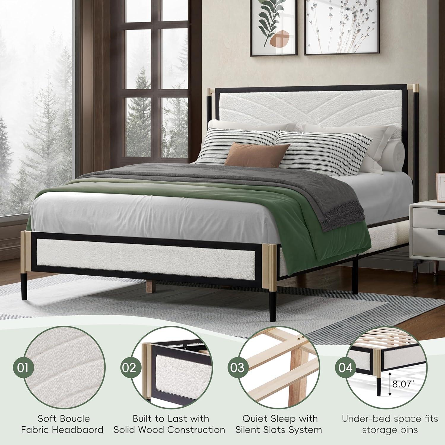 image:imageChristopher Knight Home Solis Full Size Platform Bed Frame with Upholstered Headboard Metal Bed Frame and Wood Slat Fully Mattress Foundation Elegant Design No Box Spring Needed WhiteBlack
