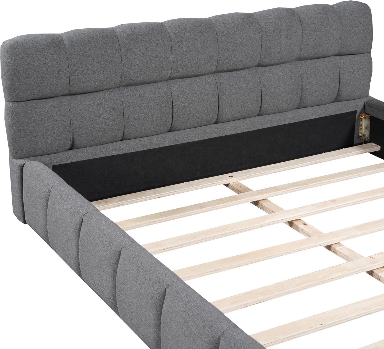 image:imageChristopher Knight Home Veatch Queen Size Bed Frame Upholstered Headboard and Footboard Wood Slats Panel Support Square Block Headboard Design Thick Fabric Grounded Bed No Spring Box Needed GrayGrey