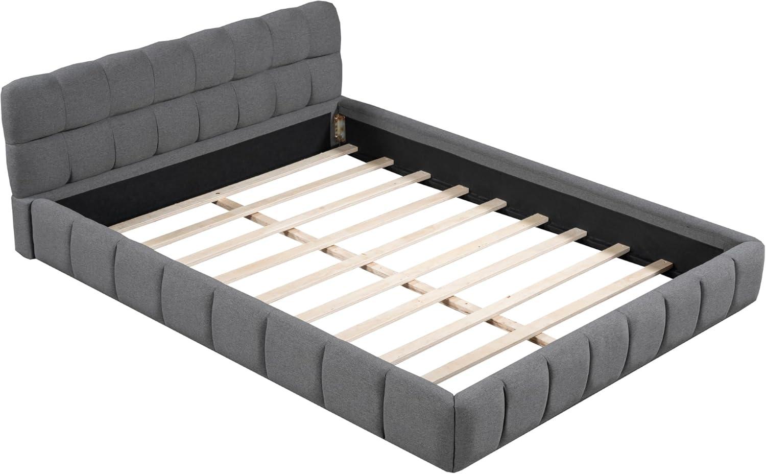 image:imageChristopher Knight Home Veatch Queen Size Bed Frame Upholstered Headboard and Footboard Wood Slats Panel Support Square Block Headboard Design Thick Fabric Grounded Bed No Spring Box Needed GrayGrey