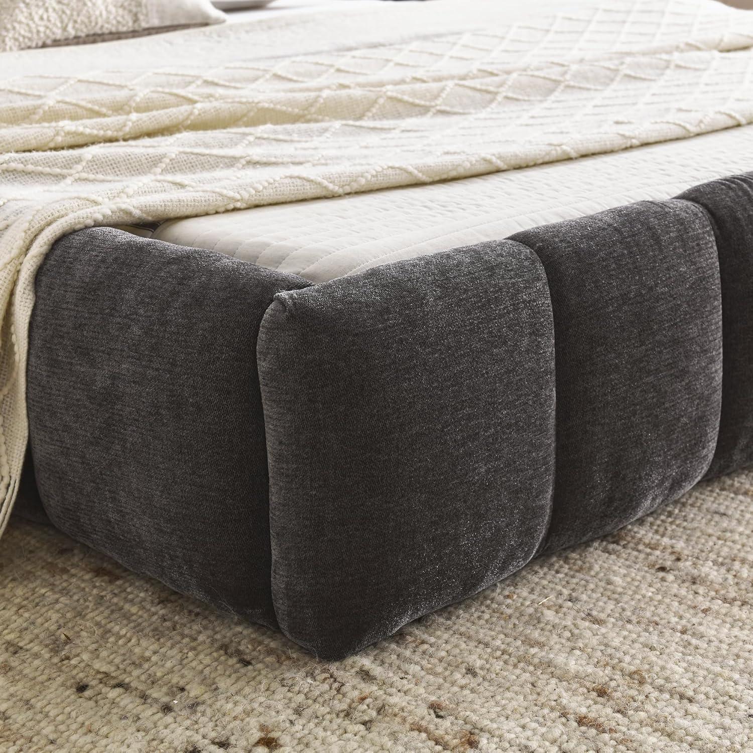 image:imageGDFSTUDIO Boden Queen Size Upholstered Bed Frame Chenille Thick Headboard Grounded Platform Beding Block Design Beds with Back Support and Wood Frame for Bedroom No Box Spring Needed Dark GrayDark Gray