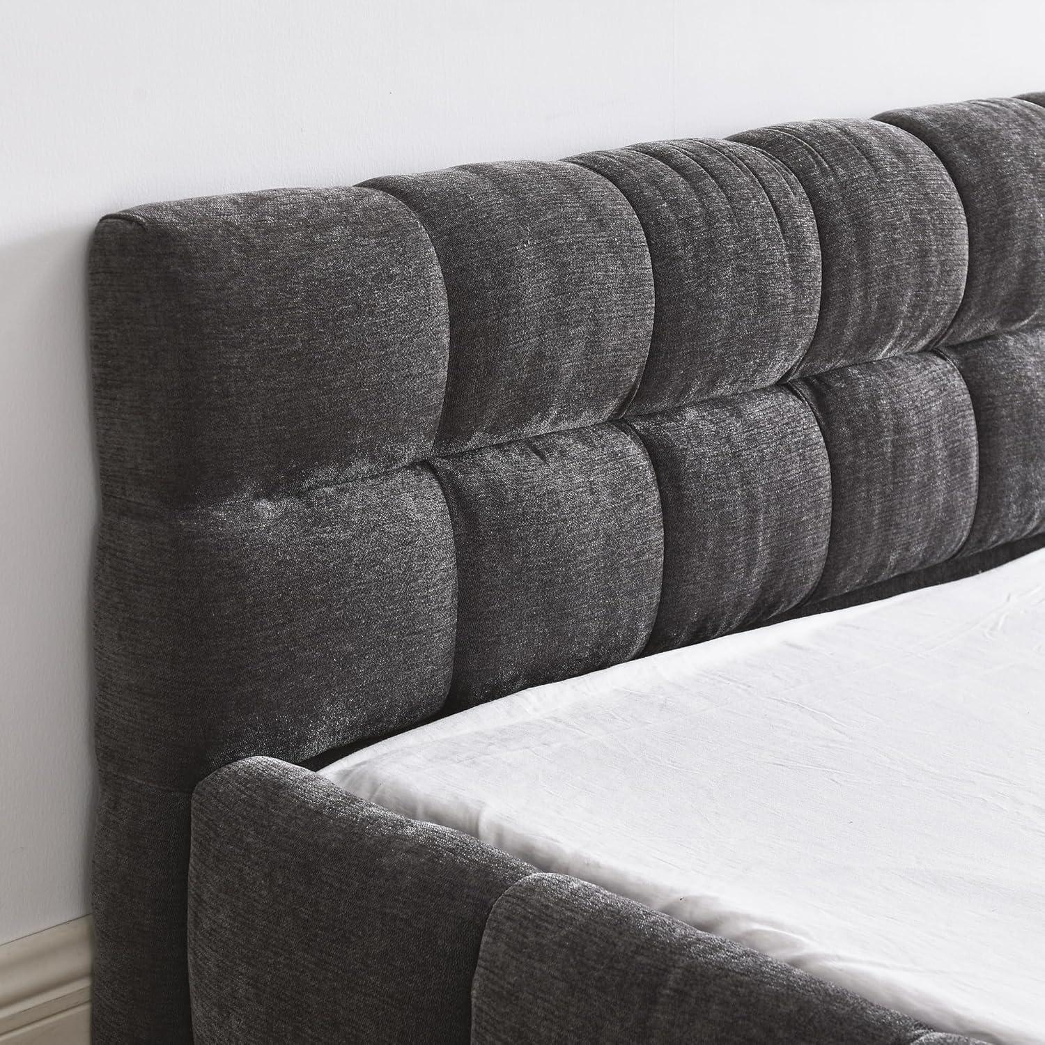 image:imageGDFSTUDIO Boden Queen Size Upholstered Bed Frame Chenille Thick Headboard Grounded Platform Beding Block Design Beds with Back Support and Wood Frame for Bedroom No Box Spring Needed Dark GrayDark Gray