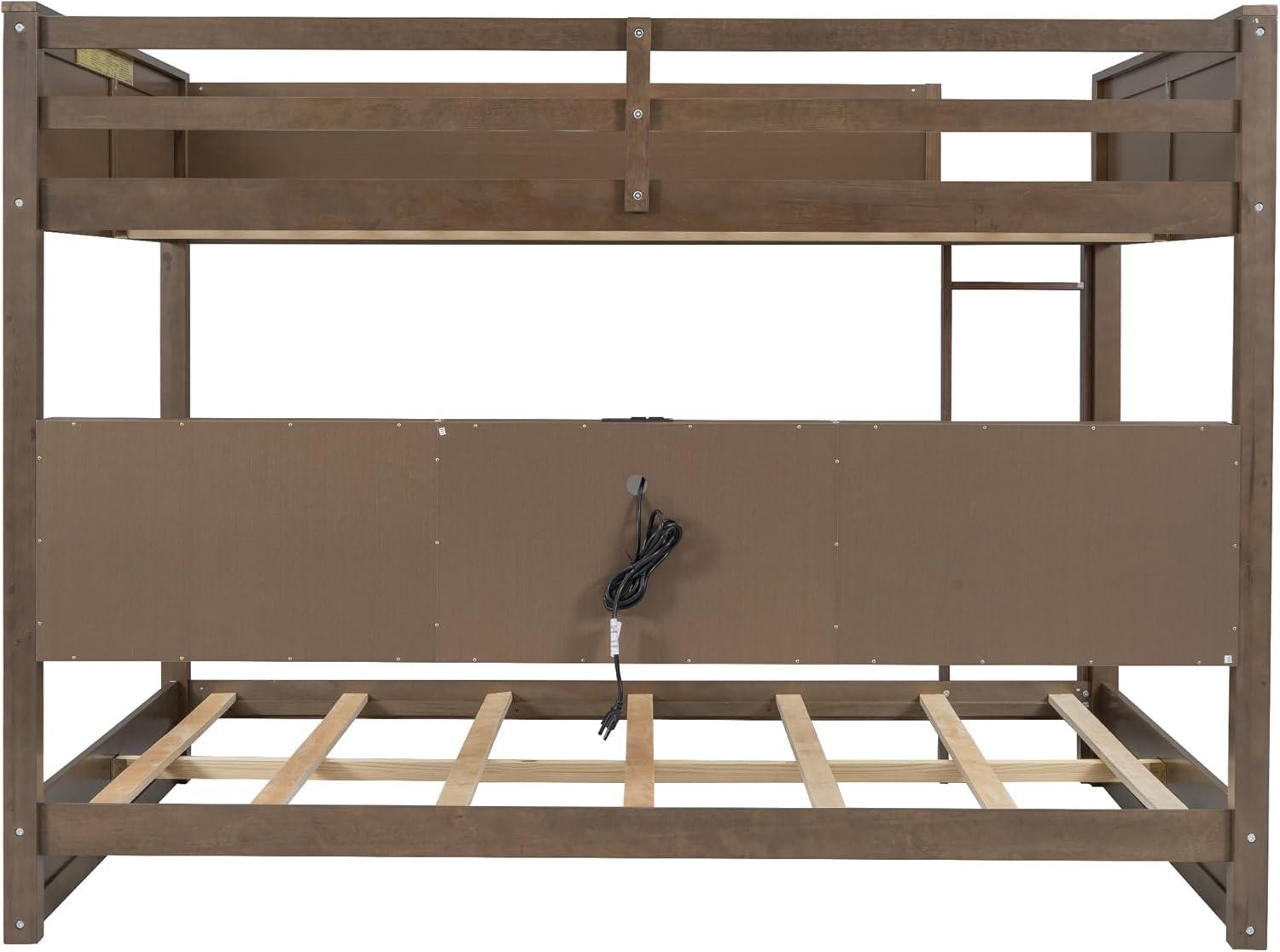 image:imageGDFStudio Boden Queen Size Bunk Bed Two Queen Size Beds Wooden Bunk Bed with Storage Cabinets and USB Ports Solid Wood Frame Storage and Charge Design Guardrails Included Space Saving Brown