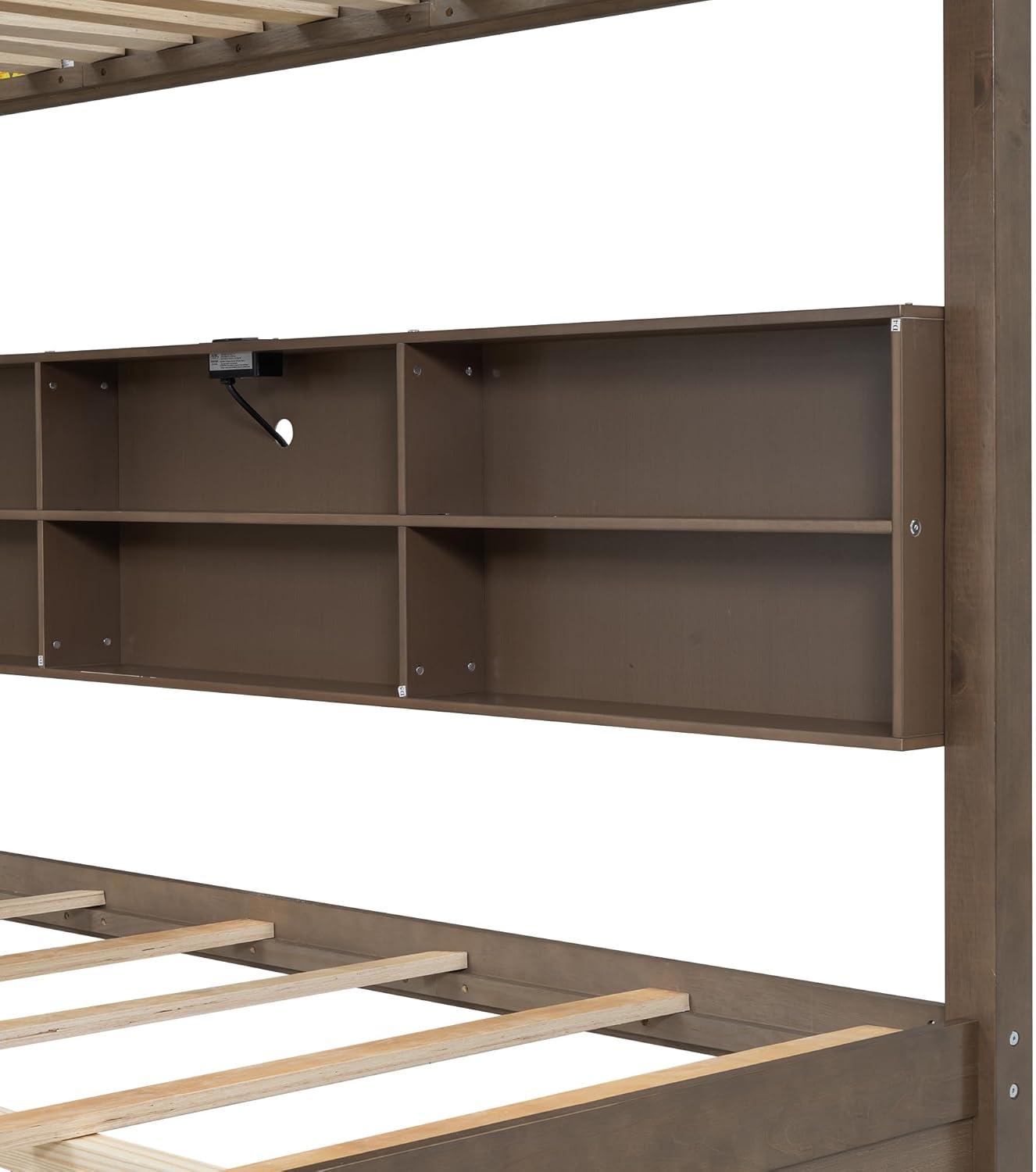image:imageGDFStudio Boden Queen Size Bunk Bed Two Queen Size Beds Wooden Bunk Bed with Storage Cabinets and USB Ports Solid Wood Frame Storage and Charge Design Guardrails Included Space Saving Brown