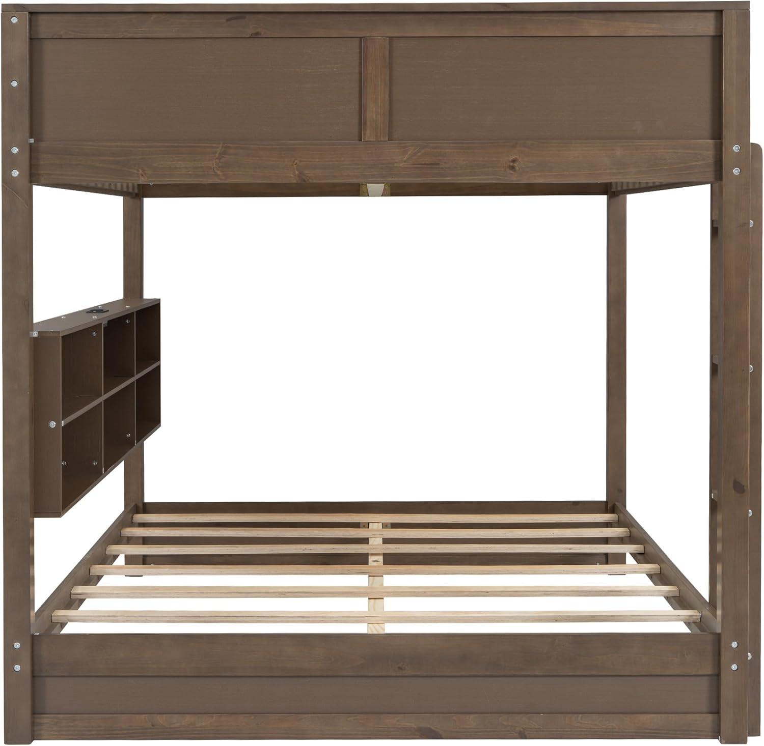 image:imageGDFStudio Boden Queen Size Bunk Bed Two Queen Size Beds Wooden Bunk Bed with Storage Cabinets and USB Ports Solid Wood Frame Storage and Charge Design Guardrails Included Space Saving Brown