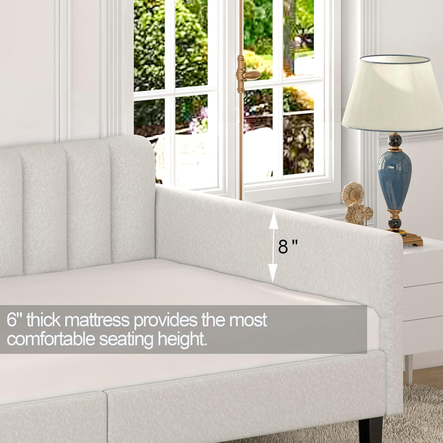 image:imageTwin Size Upholstered Daybed with 2 Drawers Futon Sofa Bed with Storage Ribbed Tufted Backrest Lavish Modern Design Couch Bed Frame for Bedroom Living Room Guest Room ApartmentBeige VelvetIvory Boucle