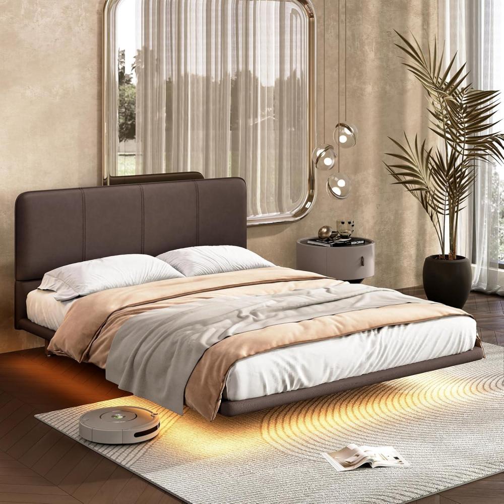 image:imageChristopher Knight Home Queen Size Floating Bedframe Upholstered Bed Frame with Headboard Faux Leather Platform Bed Modern Design with LED Lighting Easy Assembly No Boxing Spring Needed CoffeeCoffee Full Size