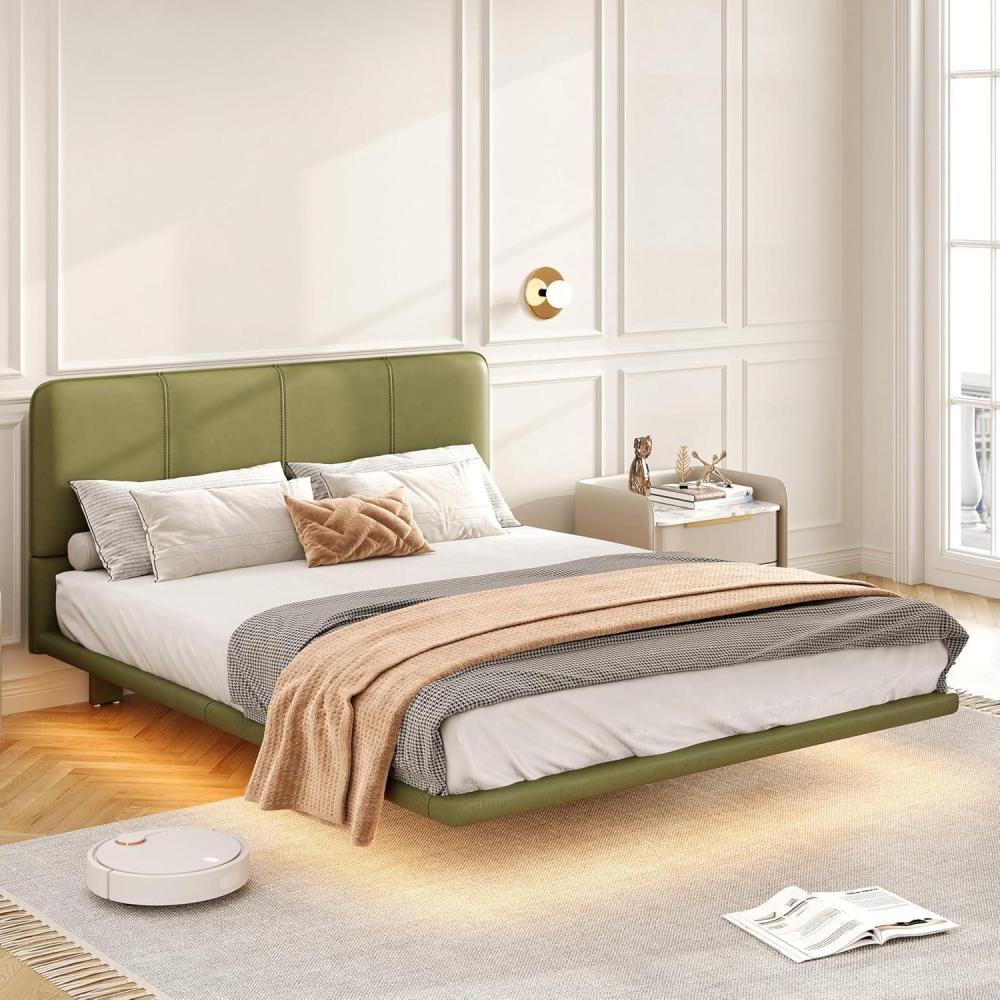 image:imageChristopher Knight Home Queen Size Floating Bedframe Upholstered Bed Frame with Headboard Faux Leather Platform Bed Modern Design with LED Lighting Easy Assembly No Boxing Spring Needed CoffeeGreen Full Size