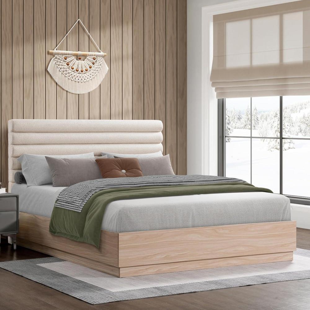 image:imageChristopher Knight Home Raina Queen Size Wood Platform Bed Frame Boucle Fabric Upholstered Headboard Wood Bed Support and Slat Fully Mattress Foundation No Box Spring Needed TaupeNatural