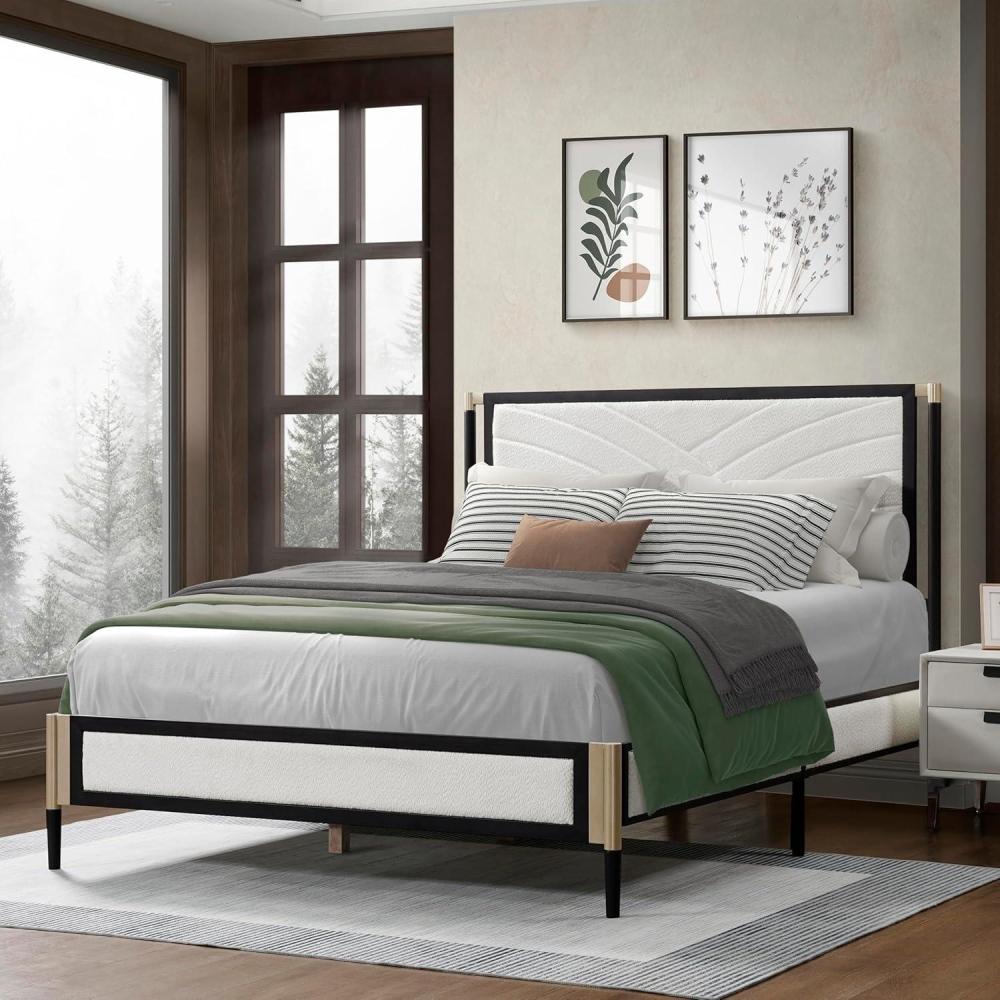 image:imageChristopher Knight Home Solis Full Size Platform Bed Frame with Upholstered Headboard Metal Bed Frame and Wood Slat Fully Mattress Foundation Elegant Design No Box Spring Needed WhiteBlack