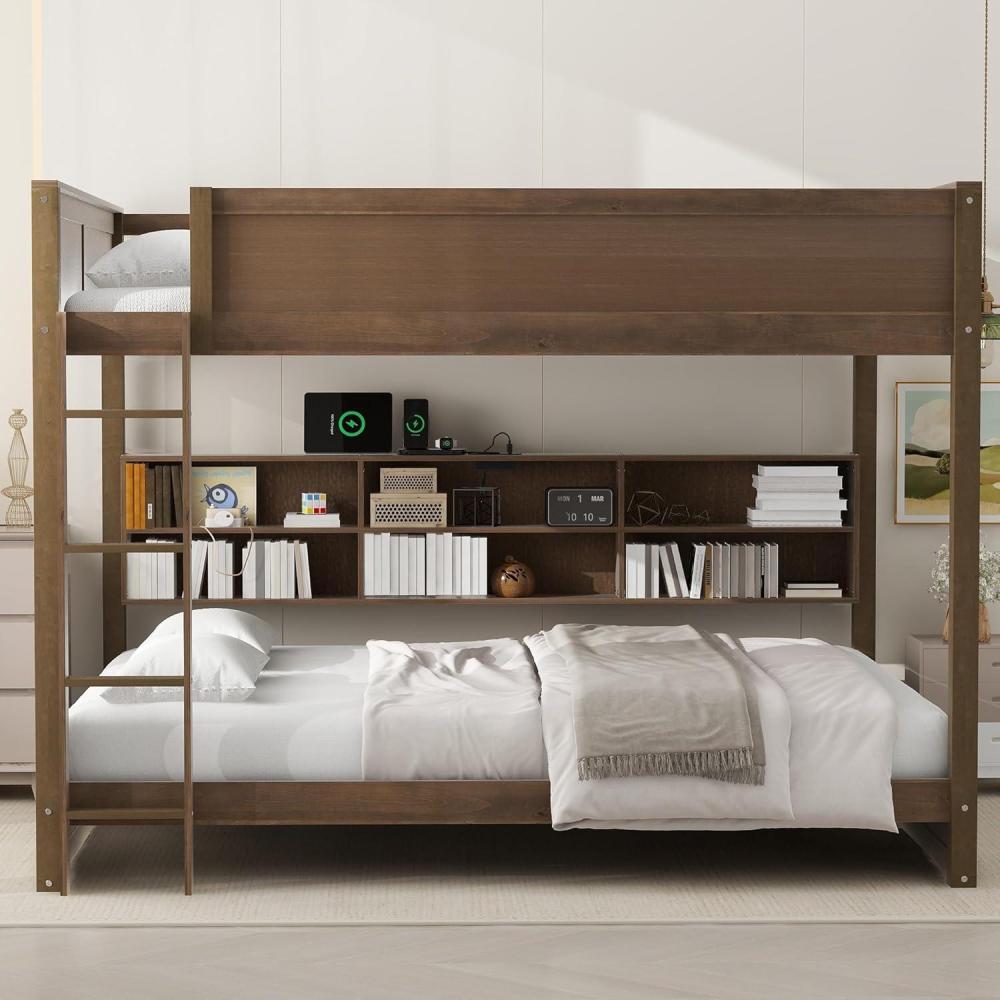 image:imageGDFStudio Boden Queen Size Bunk Bed Two Queen Size Beds Wooden Bunk Bed with Storage Cabinets and USB Ports Solid Wood Frame Storage and Charge Design Guardrails Included Space Saving Brown