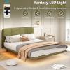 Christopher Knight Home Queen Size Floating Bedframe, Upholstered Bed Frame with Headboard, Faux Leather Platform Bed, Modern Design with LED Lighting, Easy Assembly, No Boxing Spring Needed, Coffee(Green Full Size)