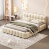 Christopher Knight Home Veatch Queen Size Bed Frame, Upholstered Headboard and Footboard, Wood Slats Panel Support, Square Block Headboard Design, Thick Fabric Grounded Bed No Spring Box Needed, Gray(Beige)