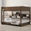 GDFStudio Boden Queen Size Bunk Bed, Two Queen Size Beds, Wooden Bunk Bed with Storage Cabinets and USB Ports, Solid Wood Frame, Storage and Charge Design, Guardrails Included, Space Saving, Brown