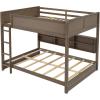 GDFStudio Boden Queen Size Bunk Bed, Two Queen Size Beds, Wooden Bunk Bed with Storage Cabinets and USB Ports, Solid Wood Frame, Storage and Charge Design, Guardrails Included, Space Saving, Brown