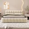 Christopher Knight Home Veatch Queen Size Bed Frame, Upholstered Headboard and Footboard, Wood Slats Panel Support, Square Block Headboard Design, Thick Fabric Grounded Bed No Spring Box Needed, Gray(Beige)