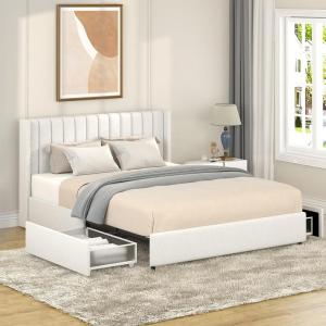 Christopher Knight Home Anda Upholstered Bed with Storage, Queen Size Platform Bed Frame with 4 Drawers Tufted Headboard, Wooden Slat Mattress Support, No Box Spring Needed, Ivory Boucle(Ivory queen 2 Drawers tufted)