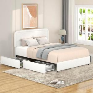 Christopher Knight Home Anda Upholstered Bed with Storage, Queen Size Platform Bed Frame with 4 Drawers Tufted Headboard, Wooden Slat Mattress Support, No Box Spring Needed, Ivory Boucle(Ivory queen 4 Drawers curved Stitched)