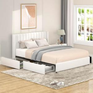 Christopher Knight Home Anda Upholstered Bed with Storage, Queen Size Platform Bed Frame with 4 Drawers Tufted Headboard, Wooden Slat Mattress Support, No Box Spring Needed, Ivory Boucle(Ivory queen 4 Drawers tufted)