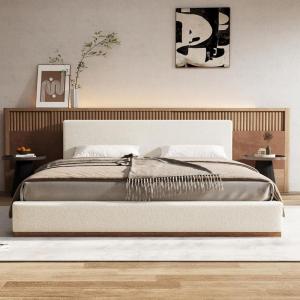 Christopher Knight Home Bettine Boucle Rectangular King Size Headboard, Kind Size Bed, Boucle Headboard and Footboard, Slat Panel Support Platform Bed, No Spring Box Needed, Easy Assembly, White(King)