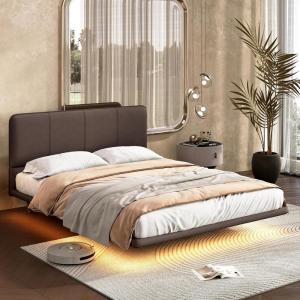 Christopher Knight Home Queen Size Floating Bedframe, Upholstered Bed Frame with Headboard, Faux Leather Platform Bed, Modern Design with LED Lighting, Easy Assembly, No Boxing Spring Needed, Coffee(Coffee Full Size)