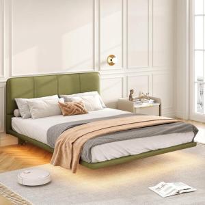 Christopher Knight Home Queen Size Floating Bedframe, Upholstered Bed Frame with Headboard, Faux Leather Platform Bed, Modern Design with LED Lighting, Easy Assembly, No Boxing Spring Needed, Coffee(Green Full Size)