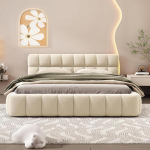 Christopher Knight Home Veatch Queen Size Bed Frame, Upholstered Headboard and Footboard, Wood Slats Panel Support, Square Block Headboard Design, Thick Fabric Grounded Bed No Spring Box Needed, Gray(Beige)
