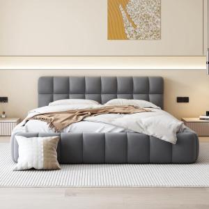 Christopher Knight Home Veatch Queen Size Bed Frame, Upholstered Headboard and Footboard, Wood Slats Panel Support, Square Block Headboard Design, Thick Fabric Grounded Bed No Spring Box Needed, Gray(Grey)
