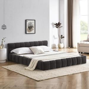 GDFSTUDIO Boden Queen Size Upholstered Bed Frame, Chenille Thick Headboard, Grounded Platform Beding, Block Design Beds with Back Support and Wood Frame for Bedroom, No Box Spring Needed, Dark Gray(Dark Gray)