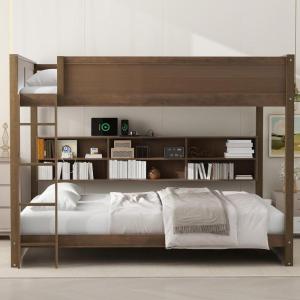 GDFStudio Boden Queen Size Bunk Bed, Two Queen Size Beds, Wooden Bunk Bed with Storage Cabinets and USB Ports, Solid Wood Frame, Storage and Charge Design, Guardrails Included, Space Saving, Brown