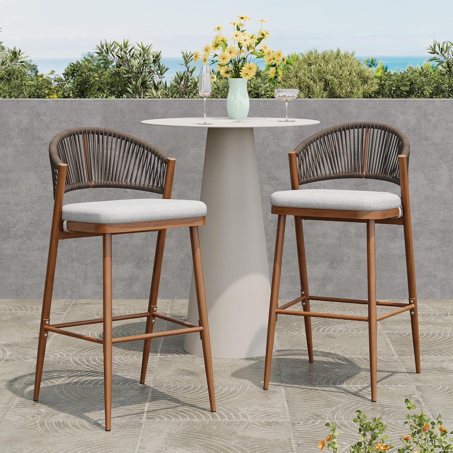 image:imageChristopher Knight Home Hearth 3025 Patio Barstools Set of 2 Woven Wicker Counter Stool Aluminum Frame Barstool PE Rattan ScallopShape Backrest Woodlike Stool for Backyard Balcony Garden TeakTeakAluminum