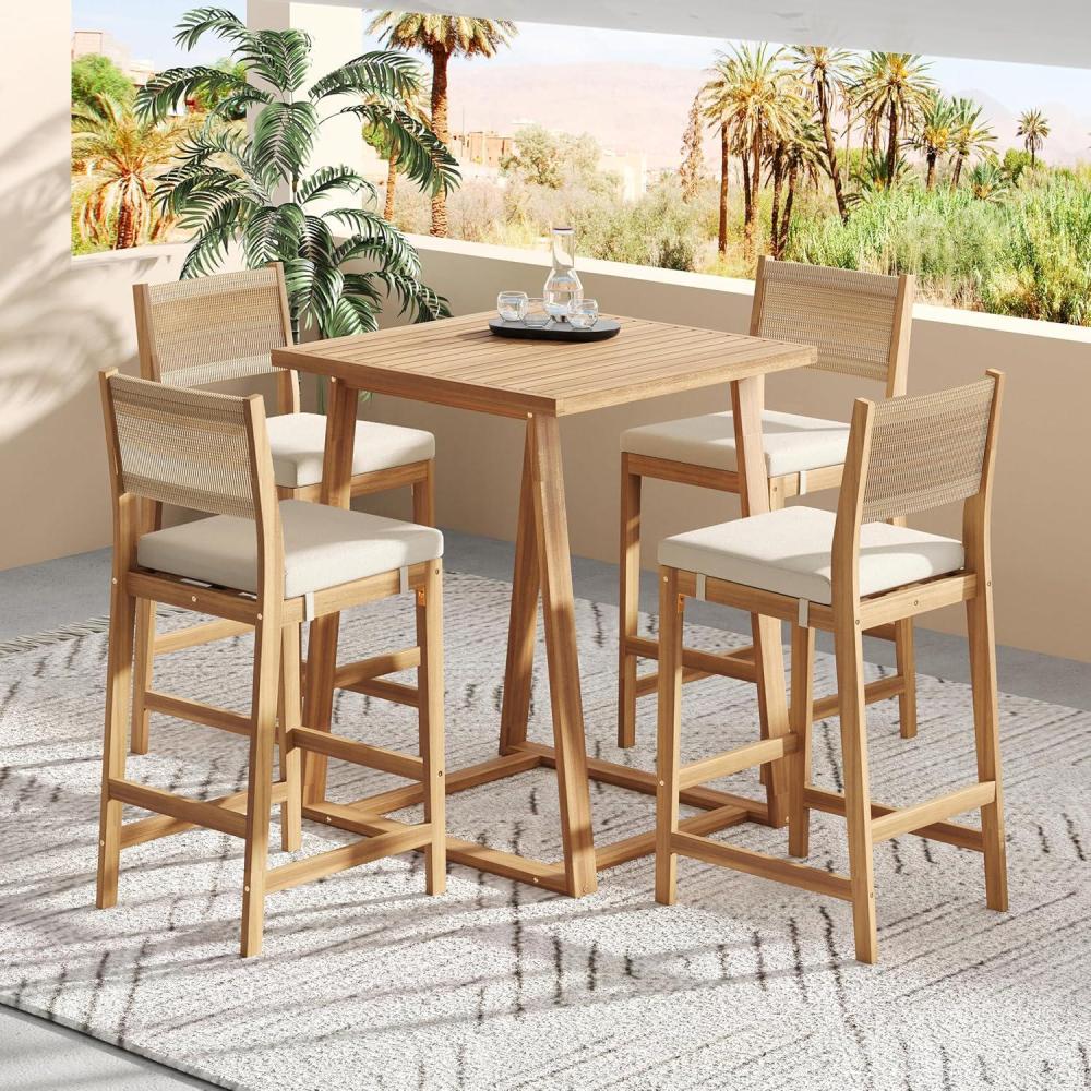 image:imageChristopher Knight Home Barron 5Piece Acacia Wood Patio Bar Set Patio Bar Table and Stools Set Soft Seat Cushions RattanWicker Dining Set for Garden Backyard Poolside BalconyTeak  Dark GrayTeak  Beige