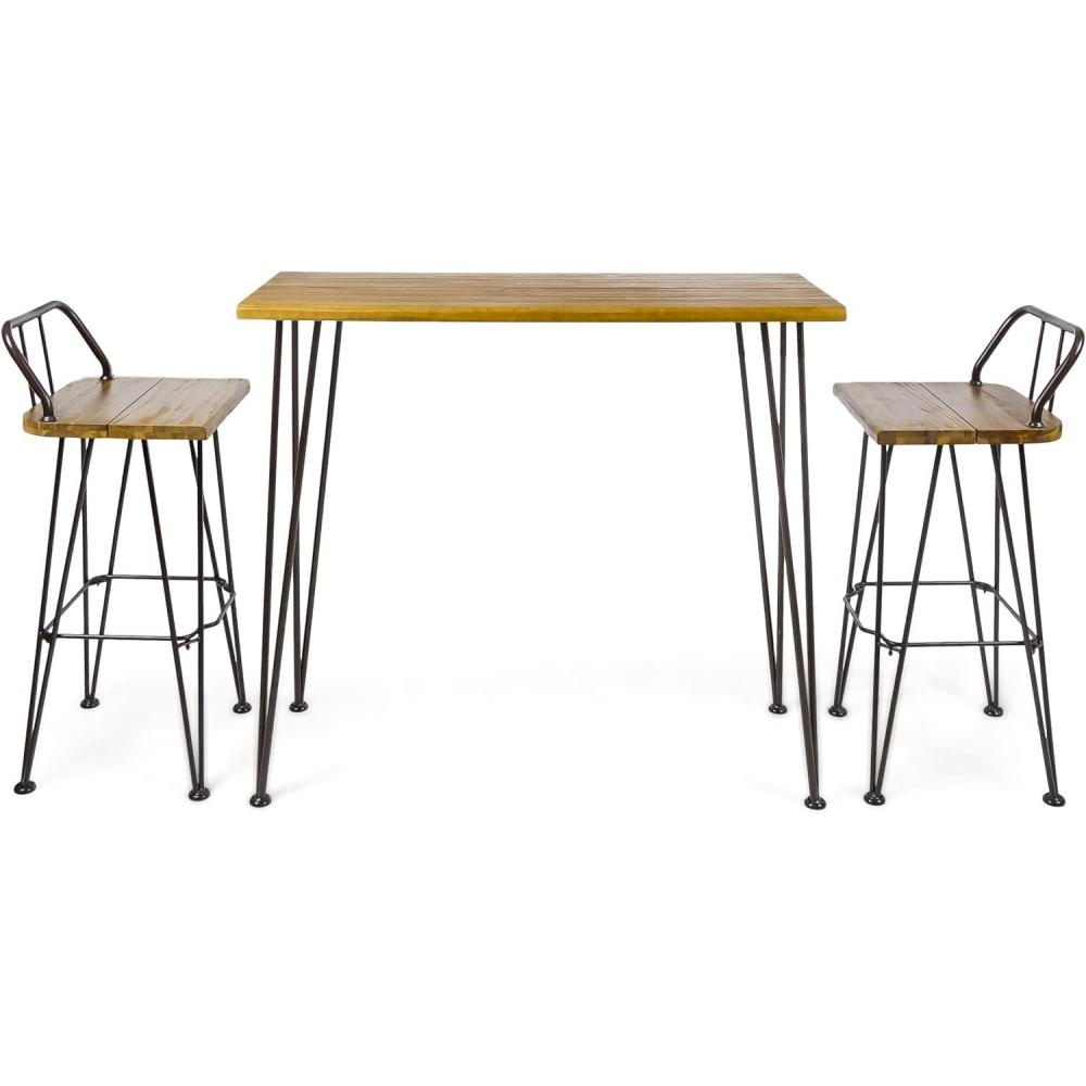 image:imageChristopher Knight Home Denali Outdoor Industrial Acacia Wood Bar Set with Finished Iron Frame Teak Finish Rustic Metal