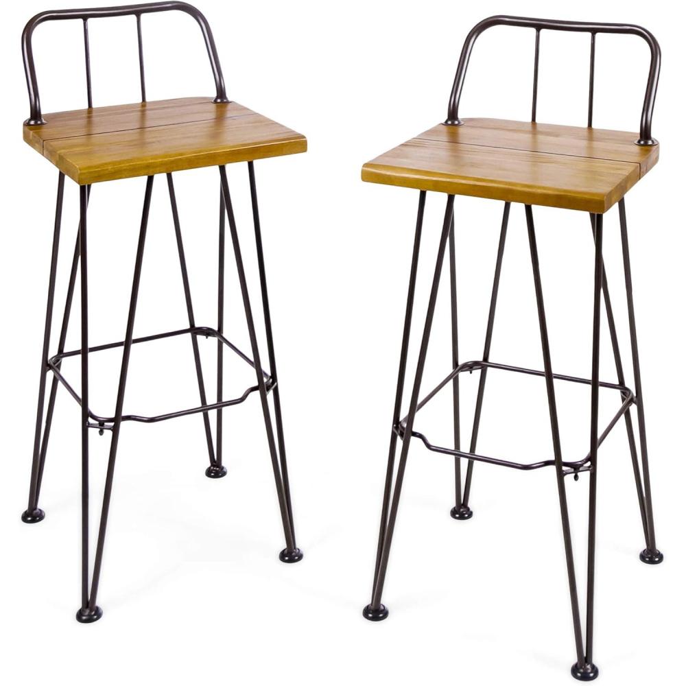 image:imageChristopher Knight Home Denali Outdoor Industrial Acacia Wood Barstools with Finished Iron Frame 2Pcs Set Teak Finish Rustic Metal