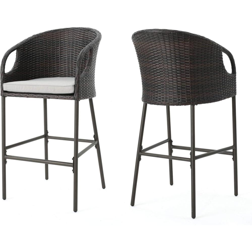 image:imageChristopher Knight Home Dominica Outdoor Wicker Barstools with Water Resistant Cushions 2Pcs Set Multibrown  Light Brown