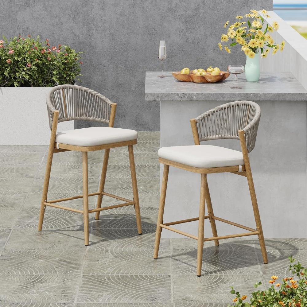 image:imageChristopher Knight Home Hearth 2600 H Patio Barstools Set of 2 Woven Wicker Counter Stool PE Rattan ScallopShaped Backrest Bar Chair Metal Frame Barstool for Backyard Balcony Garden BlackMapleAluminum